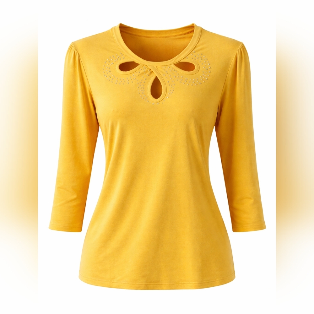 NWT NY Collection Petite Large Marigold  Rhinestone Cutout 3/4 Sleeve Top Blouse - Picture 2 of 6